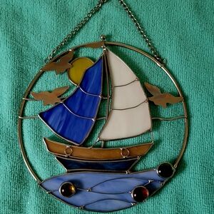 Nautical Stained Glass Sailboat Wall Art - Blue & White